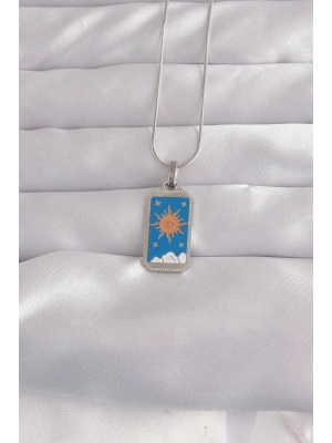316L Çelik Gümüş Renk Mavi Mineli Güneş Model Tarot Kolye