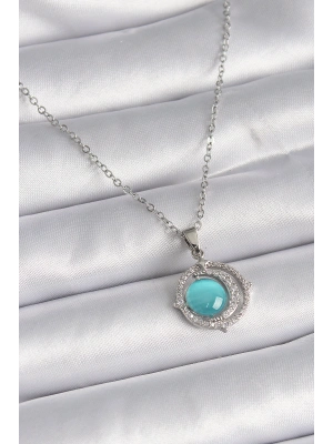 316L Çelik Gümüş Renk Mavi Sedefli Hilal Model Kadın Kolye