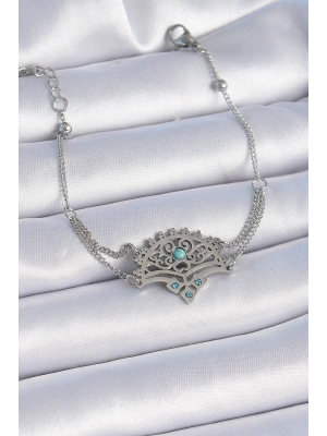 316L Çelik Gümüş Renk Mavi Taşlı Etnik Desen Kadın Bileklik