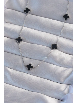 316L Çelik Gümüş Renk Minimal Siyah Mineli Yonca Kolye