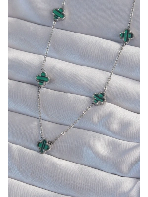 316L Çelik Gümüş Renk Minimal Yeşil Mineli Yonca Kolye