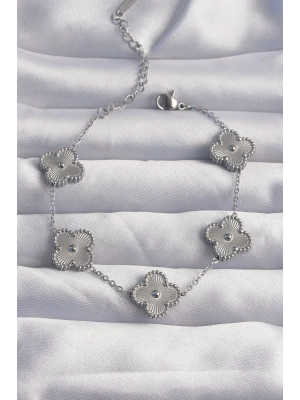 316L Çelik Gümüş Renk Motifli Yonca Bileklik