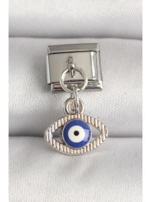 316L Çelik Gümüş Renk Nazar Boncuk Detaylı Göz Model Nomination Charm
