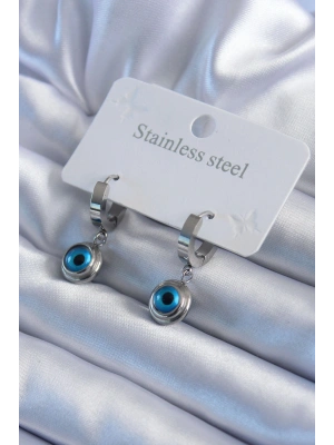 316L Çelik Gümüş Renk Nazar Boncuk Model Kadın Küpe