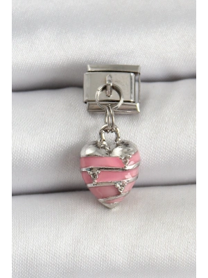 316L Çelik Gümüş Renk Pembe Kalp Model Nomination Charm