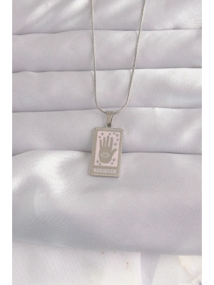 316L Çelik Gümüş Renk Pembe Mineli El Figür Tarot Kolye