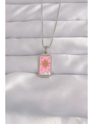 316L Çelik Gümüş Renk Pembe Mineli Güneş Model Tarot Kolye