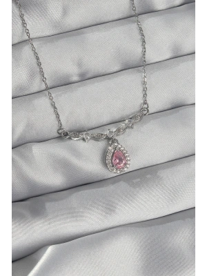316L Çelik Gümüş Renk Pembe Zirkon Taşlı Damla Kolye