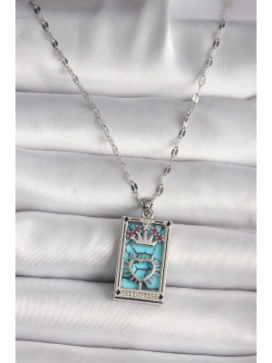 316L Çelik Gümüş Renk Pembe Zirkon Taşlı Taç Kalp Portre Model Kadın Kole