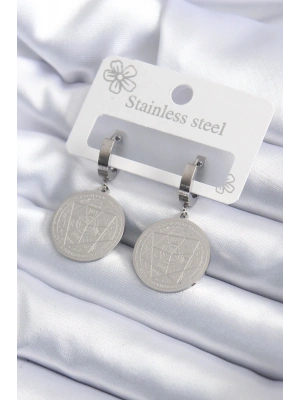 316L Çelik Gümüş Renk Pentagram İşleme Model Kadın Küpe