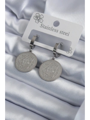 316L Çelik Gümüş Renk Pentagram Yıldızı İşleme Kadın Küpe