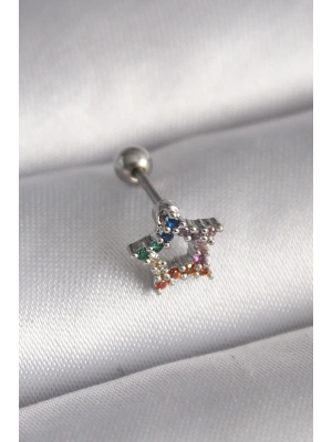 316L Çelik Gümüş Renk Renkli Zirkon Taşlı Yıldız Model Tragus Piercing
