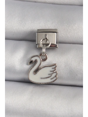 316L Çelik Gümüş Renk Sallantı Beyaz Kuğu Model Nomination Charm