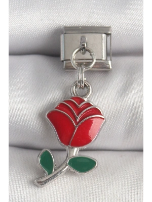 316L Çelik Gümüş Renk Sallantı Kırmızı Gül Model Nomination Charm