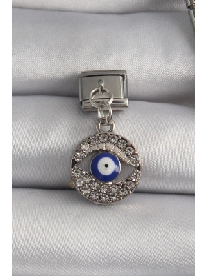 316L Çelik Gümüş Renk Sallantı Zirkon Taşlı Göz Model Nazar Boncuk Detay Nomination Charm