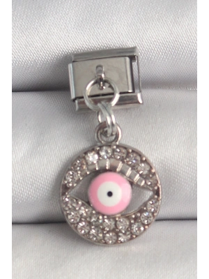316L Çelik Gümüş Renk Sallantı Zirkon Taşlı Pembe Göz Model Nomination Charm