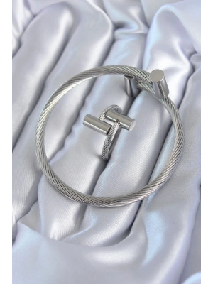 316L Çelik Gümüş Renk Sarmal Model Erkek Bileklik Yüzük Kombini