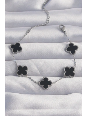 316L Çelik Gümüş Renk Siyah Mineli Yonca Bileklik