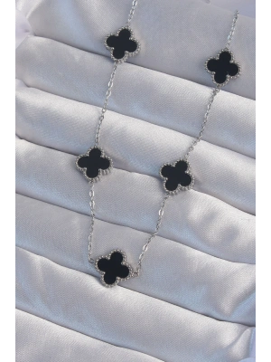 316L Çelik Gümüş Renk Siyah Mineli Yonca Kolye