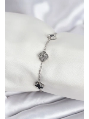 316L Çelik Gümüş Renk Siyah ve Zirkon Taşlı Baby Boy Yonca Kadın Bileklik