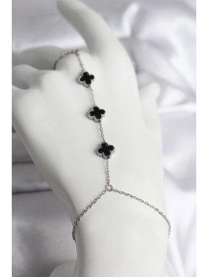 316L Çelik Gümüş Renk Siyah Yonca Model Kadın Şahmeran