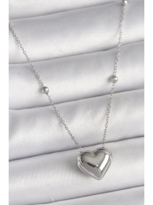 316L Çelik Gümüş Renk Topçuk Detay Zincir Kalp Model Kadın Kolye