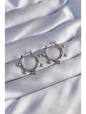 316L Çelik Gümüş Renk Topçuk Tasarımlı Oval Küpe