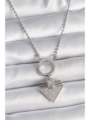 316L Çelik Gümüş Renk Topçuk Zincir Zirkon Taşlı Üçgen Model Kadın Kolye