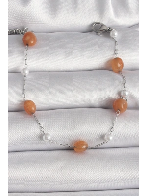 316L Çelik Gümüş Renk Turuncu Doğaltaş Model İnci Detay Kadın Bileklik