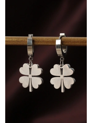 316L Çelik Gümüş Renk Yonca Küpe