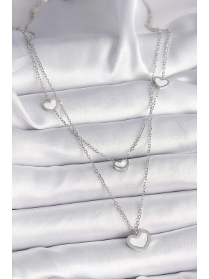 316L Çelik Gümüş Renk Zincir 2Li Zincir Kalp Model Kadın Kolye