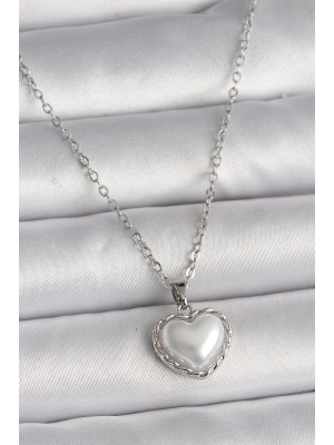 316L Çelik Gümüş Renk Zincir 3D İnci Kalp Model Kadın Kolye