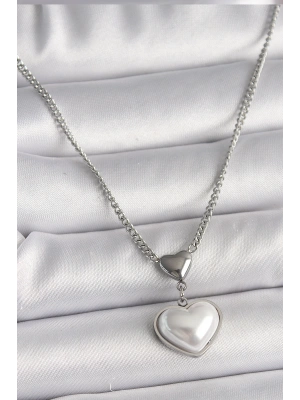 316L Çelik Gümüş Renk Zincir 3D Kalp Model Kadın Kolye