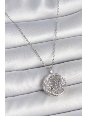 316L Çelik Gümüş Renk Zincir Ay Güneş Model Zirkon Taş Detay Kadın Kolye