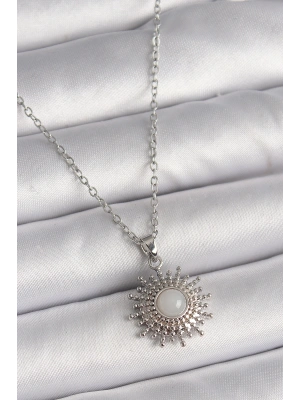 316L Çelik Gümüş Renk Zincir Beyaz Mineli Güneş Model Kadın Kolye
