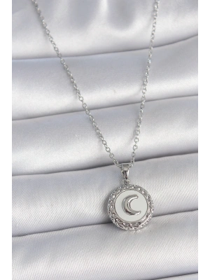 316L Çelik Gümüş Renk Zincir Beyaz Mineli Hilal İşlemeli Madalyon Model Kadın Kolye