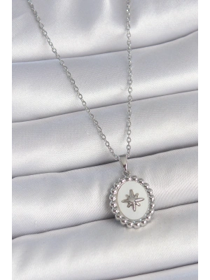 316L Çelik Gümüş Renk Zincir Beyaz Mineli Kutup Yıldız İşlemeli Madalyon Model Kadın Kolye