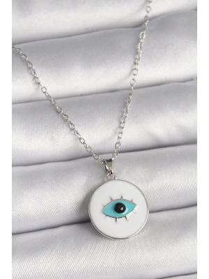 316L Çelik Gümüş Renk Zincir Beyaz Mineli Turkuaz Göz İşleme Model Kadın Kolye