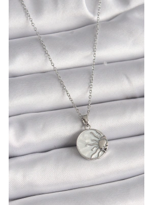 316L Çelik Gümüş Renk Zincir Beyaz Sedefli Gün Batımı Model Kadın Kolye