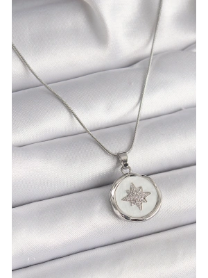 316L Çelik Gümüş Renk Zincir Beyaz Sedefli Zirkon Taşlı Yıldız İşleme Model Kadın Kolye