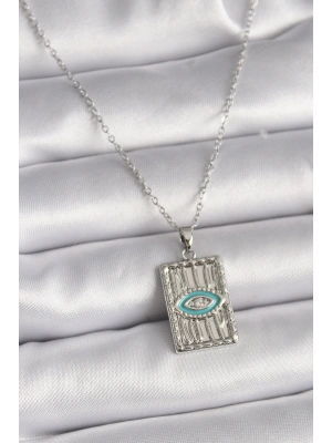 316L Çelik Gümüş Renk Zincir Göz İşlemeli Madalyon Model Kadın Kolye