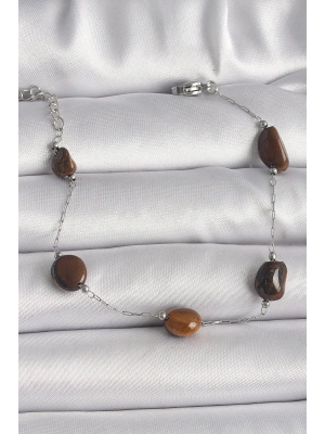 316L Çelik Gümüş Renk Zincir Kahverengi Doğaltaş Model Kadın Bileklik