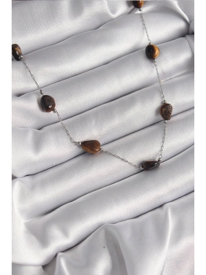 316L Çelik Gümüş Renk Zincir Kahverengi Doğaltaş Model Kadın Kolye