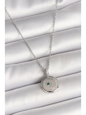316L Çelik Gümüş Renk Zincir Madalyon Zirkon Taşlı İşlemeli Hilal Yıldız Model Kadın Kolye