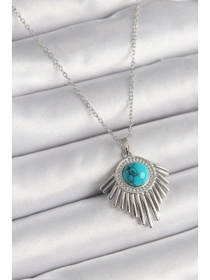 316L Çelik Gümüş Renk Zincir Mavi Boncuklu Zirkon Taşlı Kadın Kolye