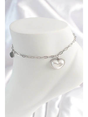 316L Çelik Gümüş Renk Zincir Model 3D Kalp Beyaz Kalp Figür Kadın HalHal