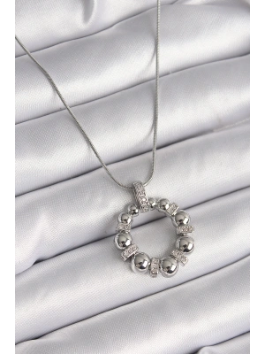 316L Çelik Gümüş Renk Zincir Zirkon Taş Detaylı Bombeli Halka Model Kadın Kolye