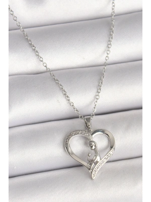 316L Çelik Gümüş Renk Zincir Zirkon Taş Detaylı Kalp Model Kadın Kolye