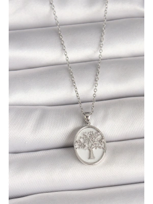 316L Çelik Gümüş Renk Zincir Zirkon Taş İşlemeli Beyaz Mineli Ağaç İşlemeli Portre Model Kadın Kolye
