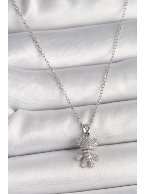 316L Çelik Gümüş Renk Zincir Zirkon Taşlı Ayıcık Figür Kadın Kolye